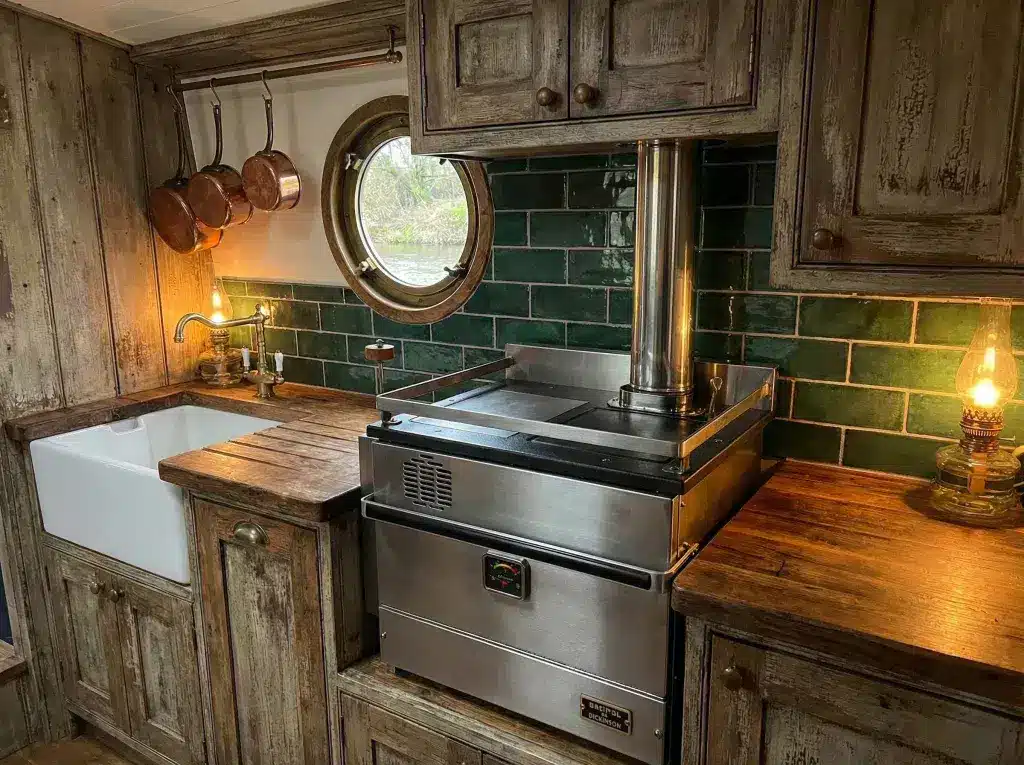 A Dickinson Bristol diesel cooker with a vertical stainless steel flue installed in a wooden narrowboat galley.