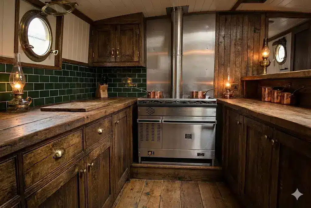 A professional BSS-compliant installation of a Dickinson diesel cooker in a boat galley, featuring a straight vertical flue through the roof.