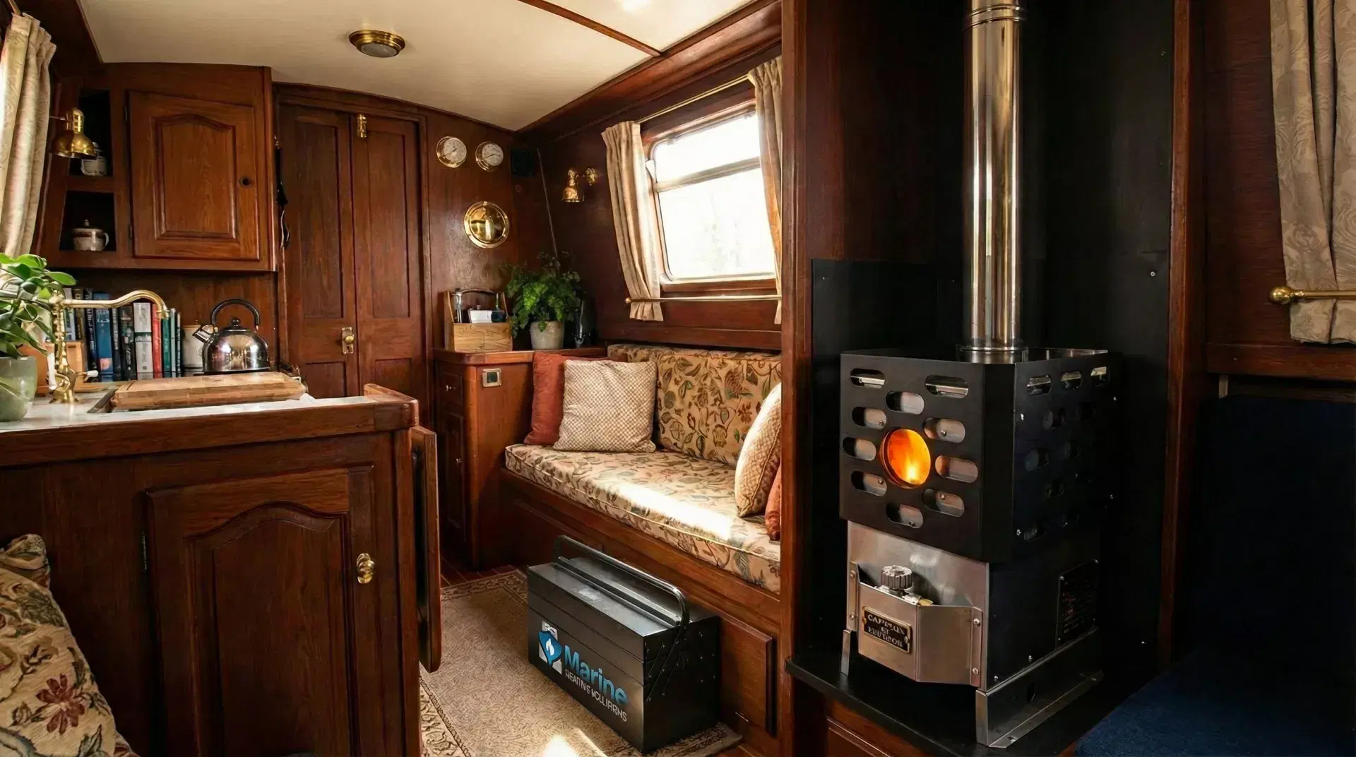 A Dickinson Lofoten diesel stove installed in a traditional wood-paneled narrowboat cabin with a straight vertical stainless steel flue and a Marine Heating Solutions branded toolbox on the floor.