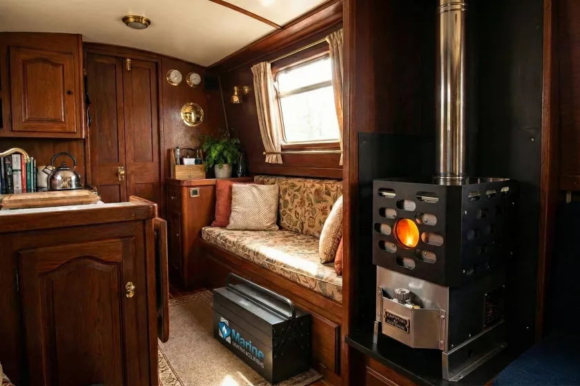 A Dickinson Lofoten diesel stove installed in a traditional wood-paneled narrowboat cabin with a straight vertical stainless steel flue and a Marine Heating Solutions branded toolbox on the floor.