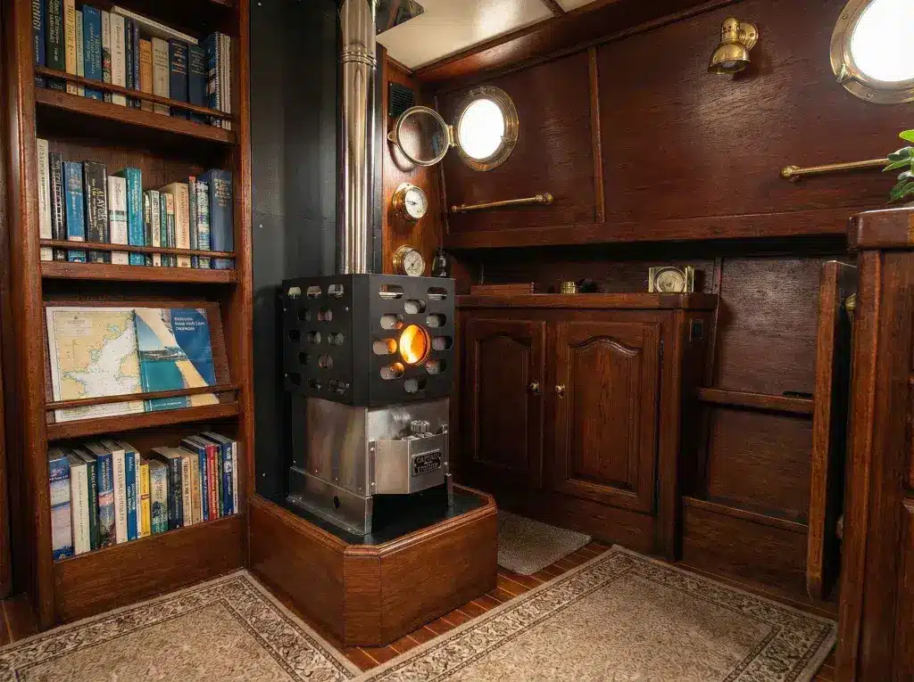 A Dickinson Lofoten diesel boat stove with a cast-iron cooktop and stainless steel body, professionally installed on a custom 30cm wooden plinth inside a narrowboat cabin.