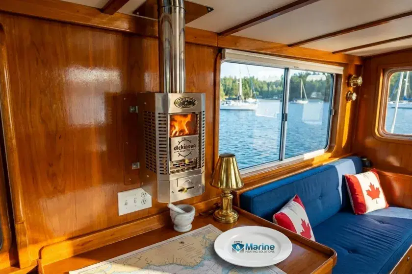A stainless steel Dickinson Newport solid fuel heater mounted on a wooden bulkhead inside a boat cabin, featuring a small fire visible through the window and a view of a marina outside.