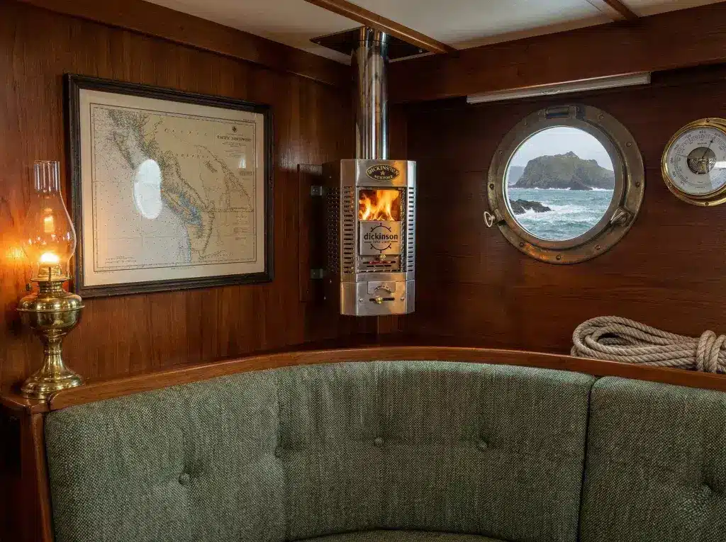A stainless steel Dickinson Newport solid fuel heater mounted on a wooden bulkhead inside a boat, with a visible flame in the firebox and a 3-inch chimney pipe.