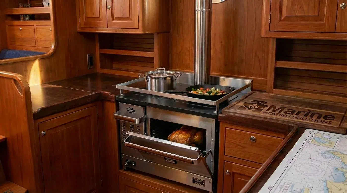 A Dickinson Pacific diesel cooker installed in a traditional boat galley featuring wood cabinetry, a stainless steel flue, and fresh food cooking in the oven and on the cooktop.
