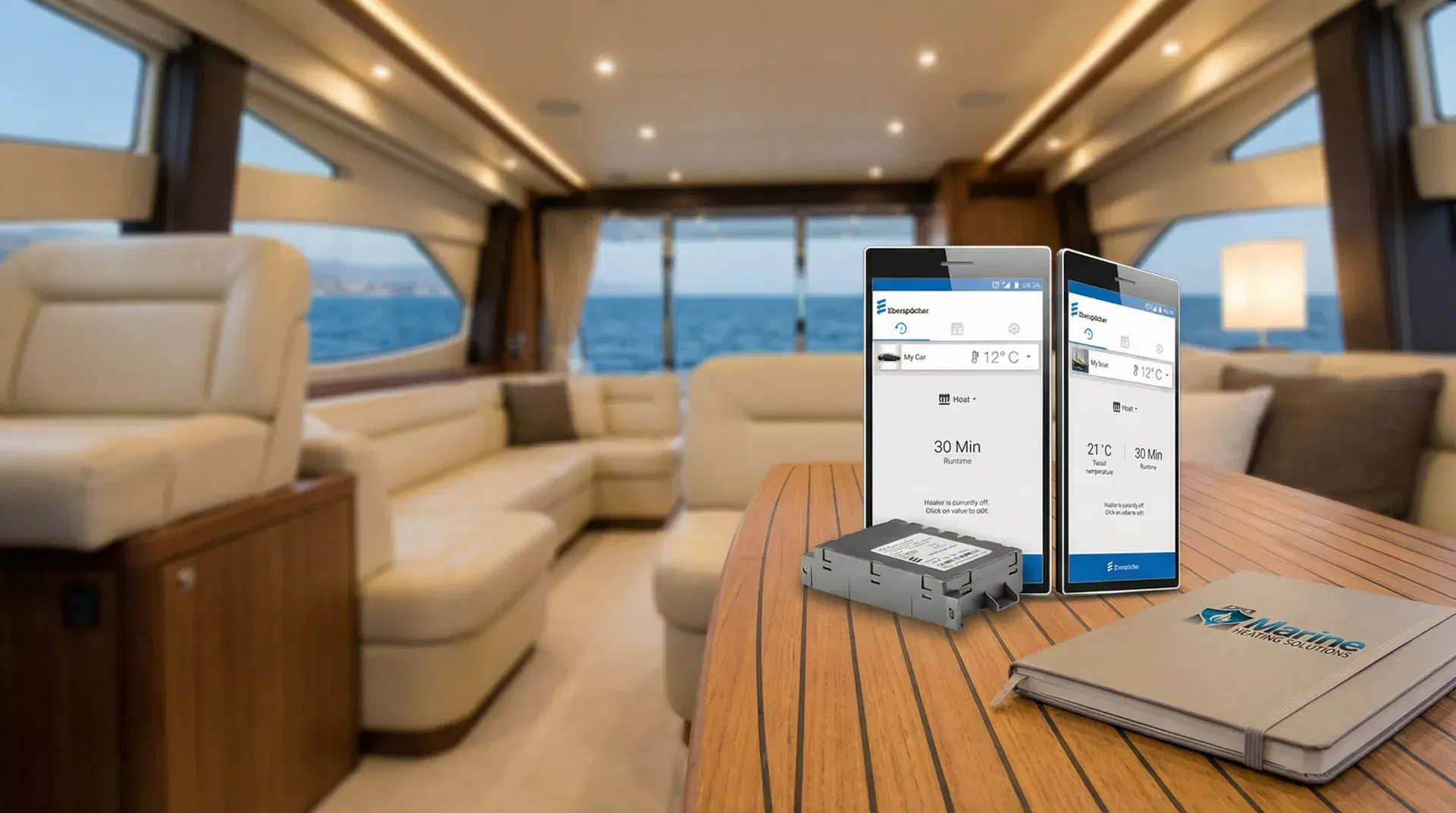 Eberspächer EasyStart Web mobile app interface and receiver unit displayed inside a modern luxury yacht cabin.
