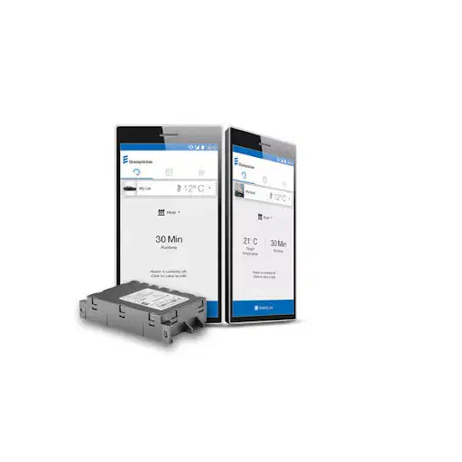 Eberspacher EasyStart Web interface displayed on two smartphones next to the receiver unit, showing remote boat heating control.