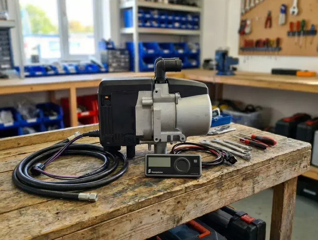 Eberspächer Hydronic S3 D5 diesel heater unit alongside the EasyStart Pro controller and wiring harness on a wooden workshop workbench.