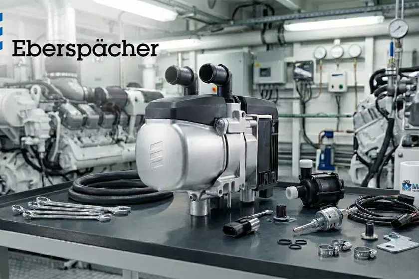 Eberspacher Hydronic S3 D5 5kW diesel liquid heater on a workbench in a marine engine room, ready for professional installation by Marine Heating Solutions.