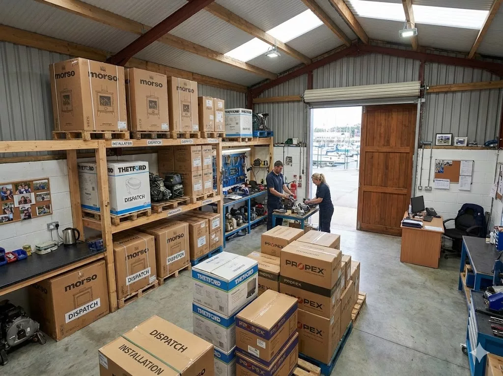 A clean, organized small-scale marine engineering workshop featuring boxed Morso stoves, Thetford toilets, and Propex heaters ready for professional installation