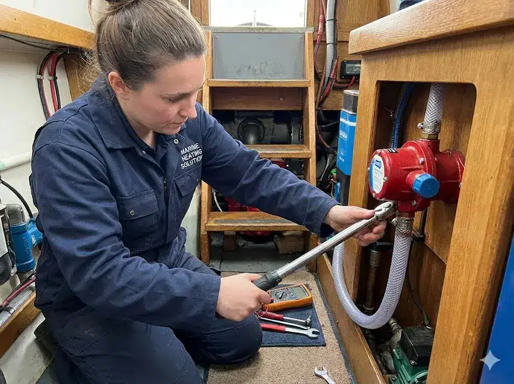 A female marine engineer in a Marine Heating Solutions uniform installing a Jabsco water pump using a torque wrench on a boat.