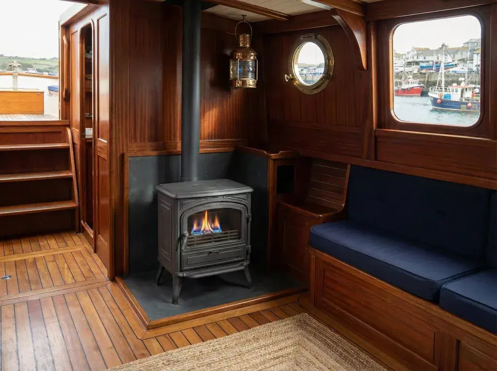 A Franco Belge Burgundy stove with an open cooking plate and a blue diesel flame installed in a wood-paneled narrowboat interior.