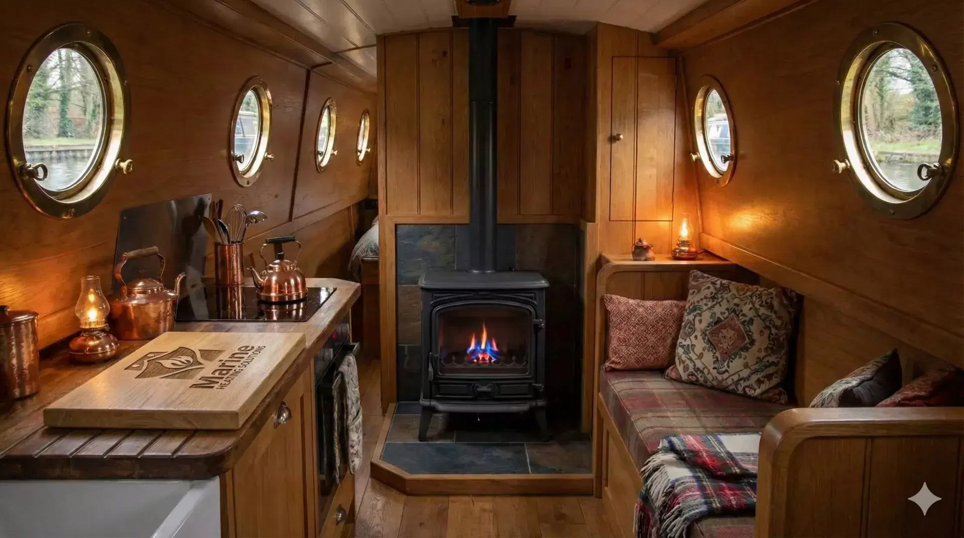 A Franco Belge Savoy oil-burning stove installed in a cozy narrowboat galley with a branded Marine Heating Solutions wooden chopping board on the worktop.
