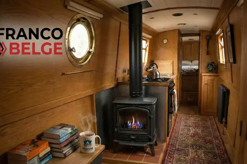 A Franco Belge Savoy oil-burning stove with a visible blue flame, installed in a cozy wood-paneled narrowboat cabin with a black twin-wall flue and a Marine Heating Solutions branded mug.