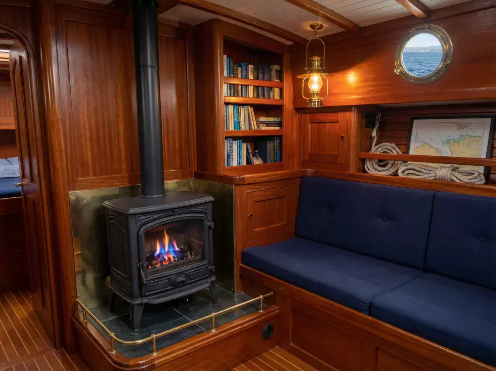 A lit black cast iron Franco Belge Savoy stove installed on a slate hearth with a brass fiddle rail inside the mahogany saloon of a classic sailboat.