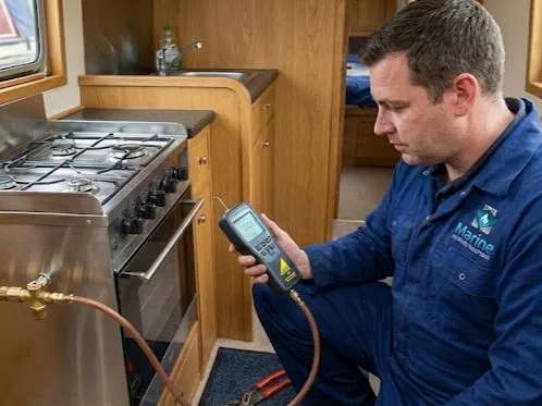A Gas Safe Marine engineer wearing a Marine Heating Solutions branded uniform, performing a manometer leak-down test on a boat's copper LPG pipework.