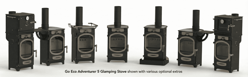 A lineup of Go Eco Adventurer 5 glamping stoves showcasing optional extras including ovens with glass/steel doors, side warming shelves, fiddle rails, and marine hearths.