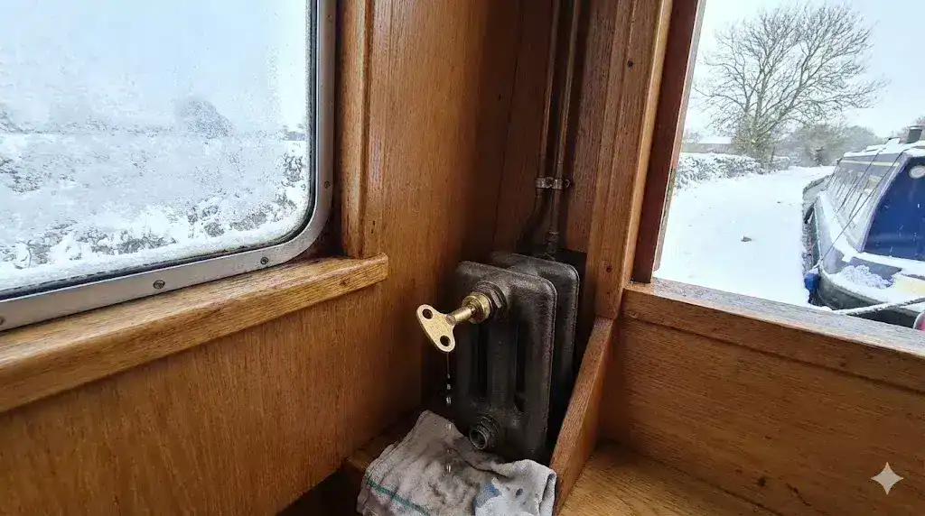 A technical close-up of a brass bleed key inserted into a narrowboat radiator valve, showing a snowy canal scene through the window to emphasize winter maintenance.