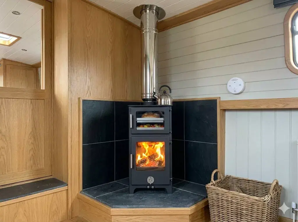 A professional installation of a Chilli Penguin 'Hungry Penguin' stove with an integrated oven on a narrowboat, featuring a stainless steel twin-wall flue and a BSS-compliant wall-mounted CO alarm.