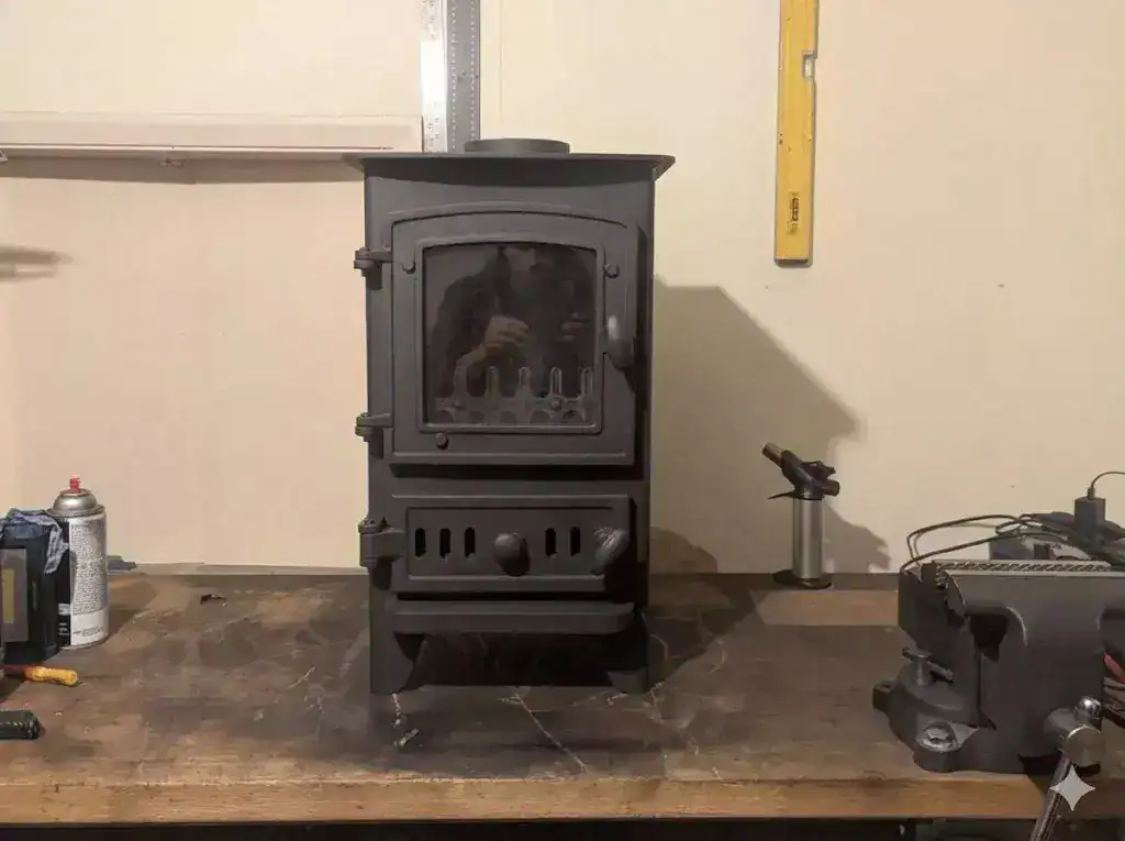 A reconditioned Villager Puffin solid fuel stove featuring its distinctive arched door and a new satin black heat-resistant finish.