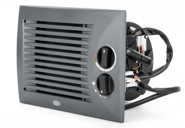Kalori Arizona 600 marine heater matrix showing front grille with 3-speed fan control and temperature knobs.