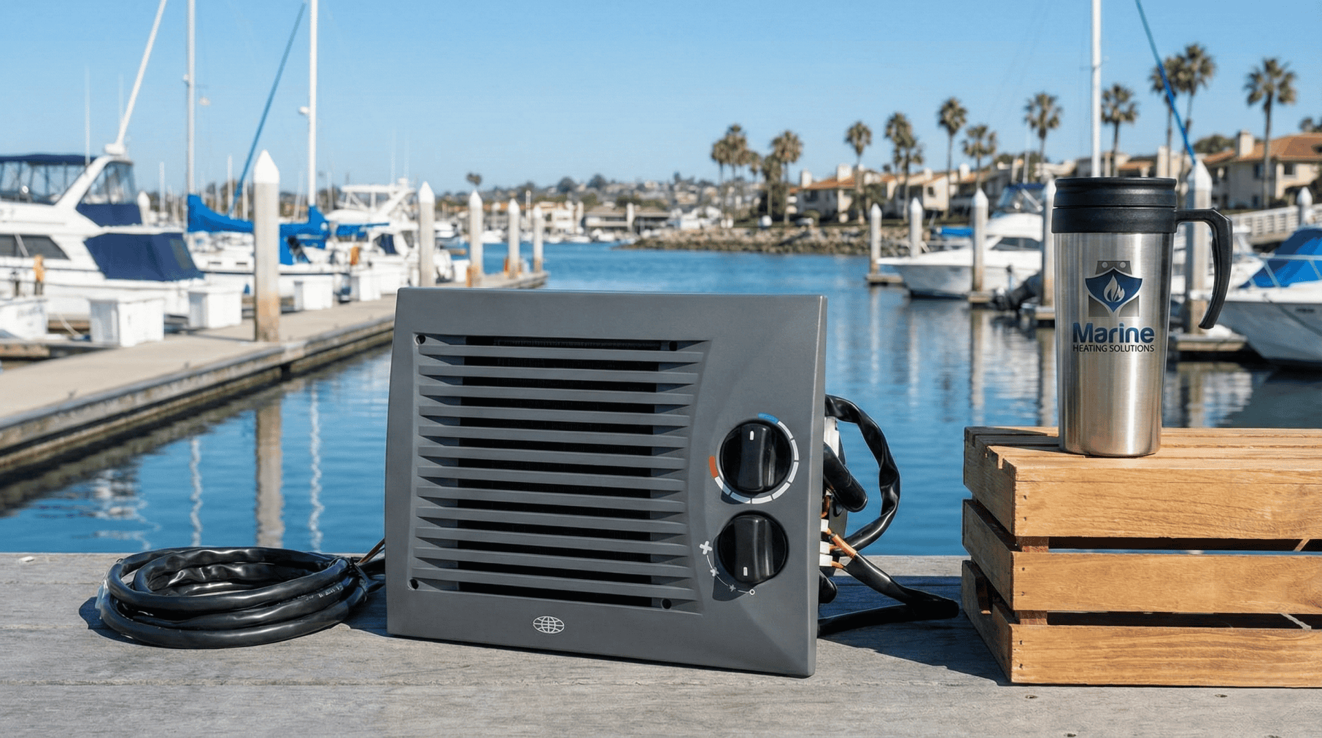 Kalori Arizona 600 high-performance marine heater matrix blower box on a marina dock with boats in the background.