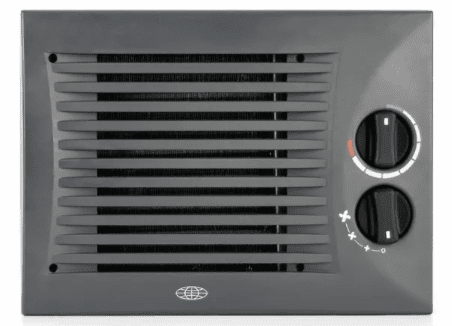 Front view of a grey Kalori Arizona LN marine warm air blower box heater matrix showing the horizontal grille and two control knobs on a white background.