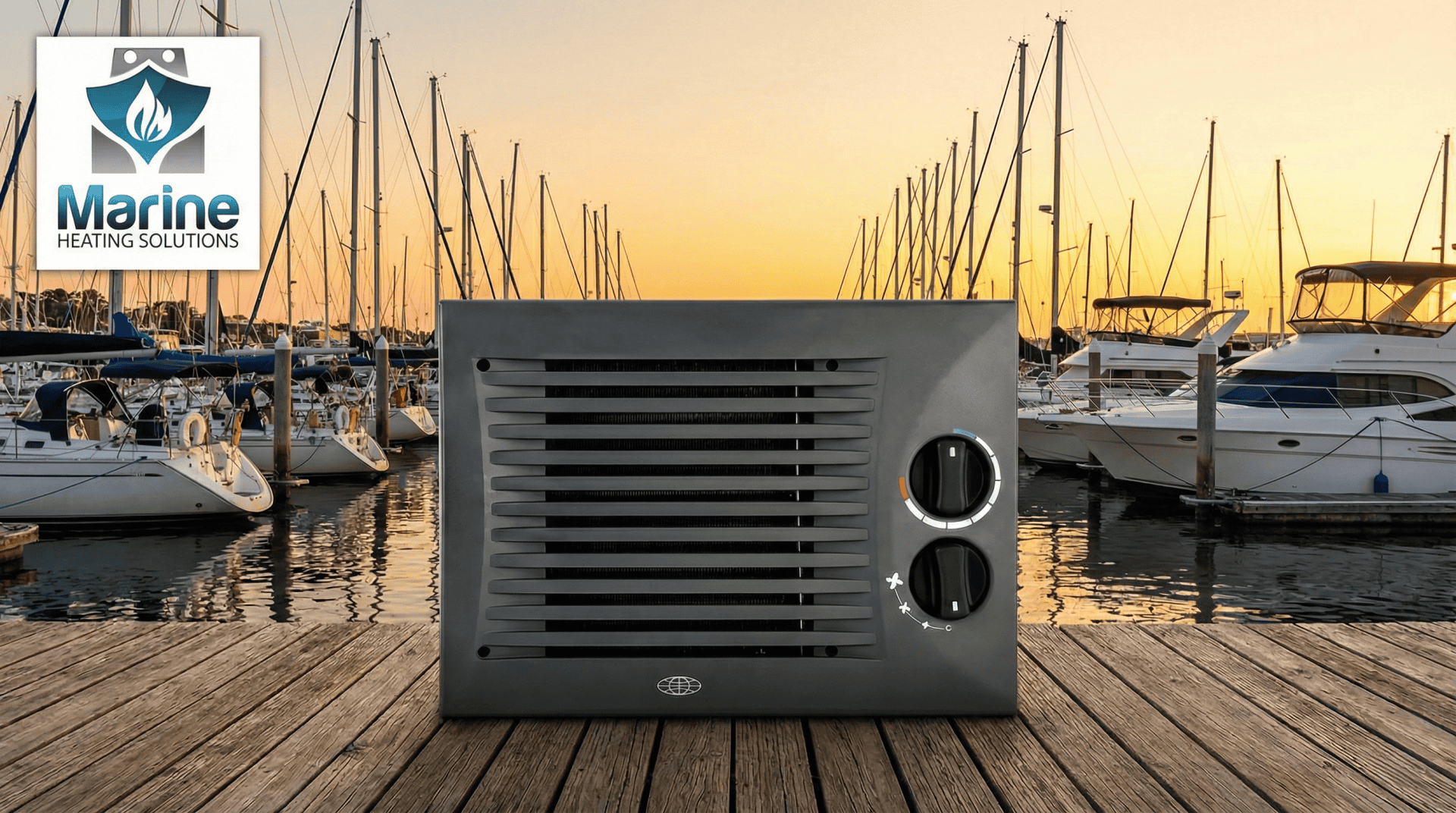 A Kalori Arizona LN marine warm air blower box heater matrix positioned on a wooden marina dock with moored sailboats in the background at sunset, featuring the Marine Heating Solutions logo in the corner.