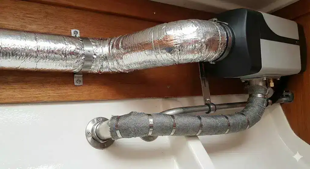 A BSS compliant marine diesel heater installation featuring insulated warm air ducting and lagged stainless steel exhaust routed to a skin fitting.