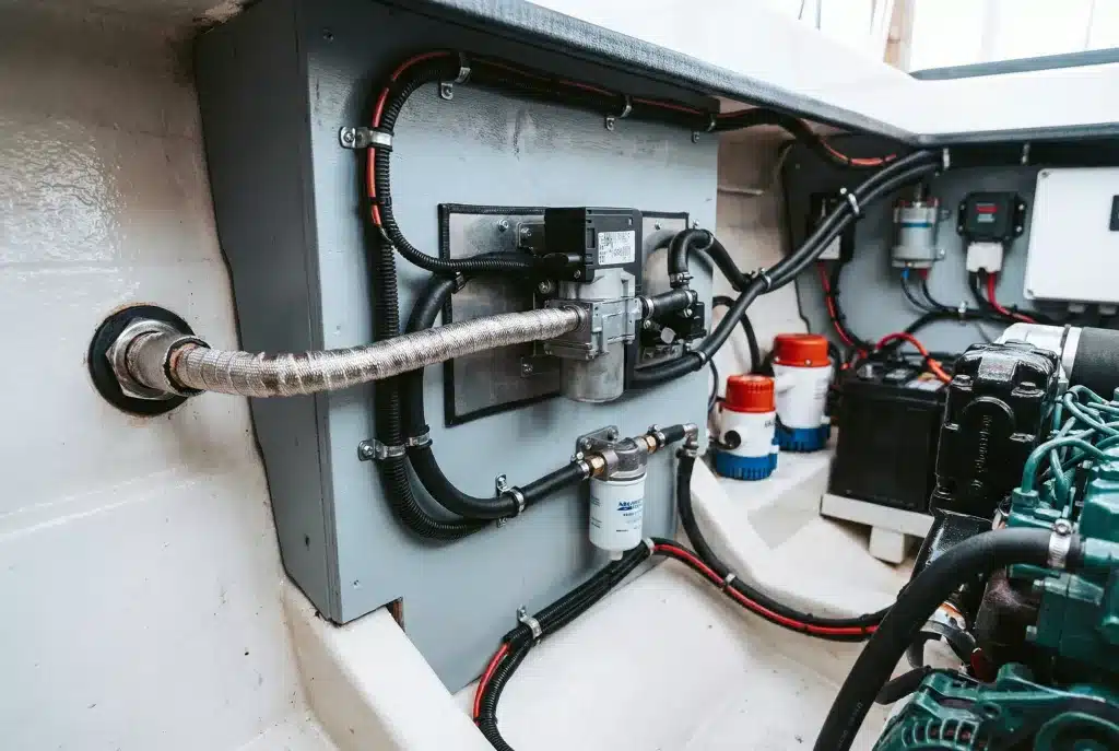 Professional marine diesel heater installation with clean wiring and fuel lines in a boat engine room
