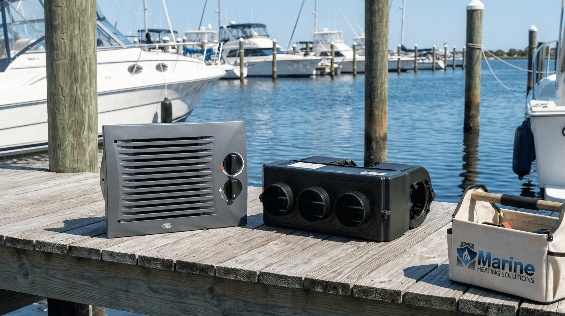 Marine Heating Solutions warm air blower boxes and heater matrixes, including Kalori Arizona and Tenere Performa 3D, displayed on a wooden marina dock.