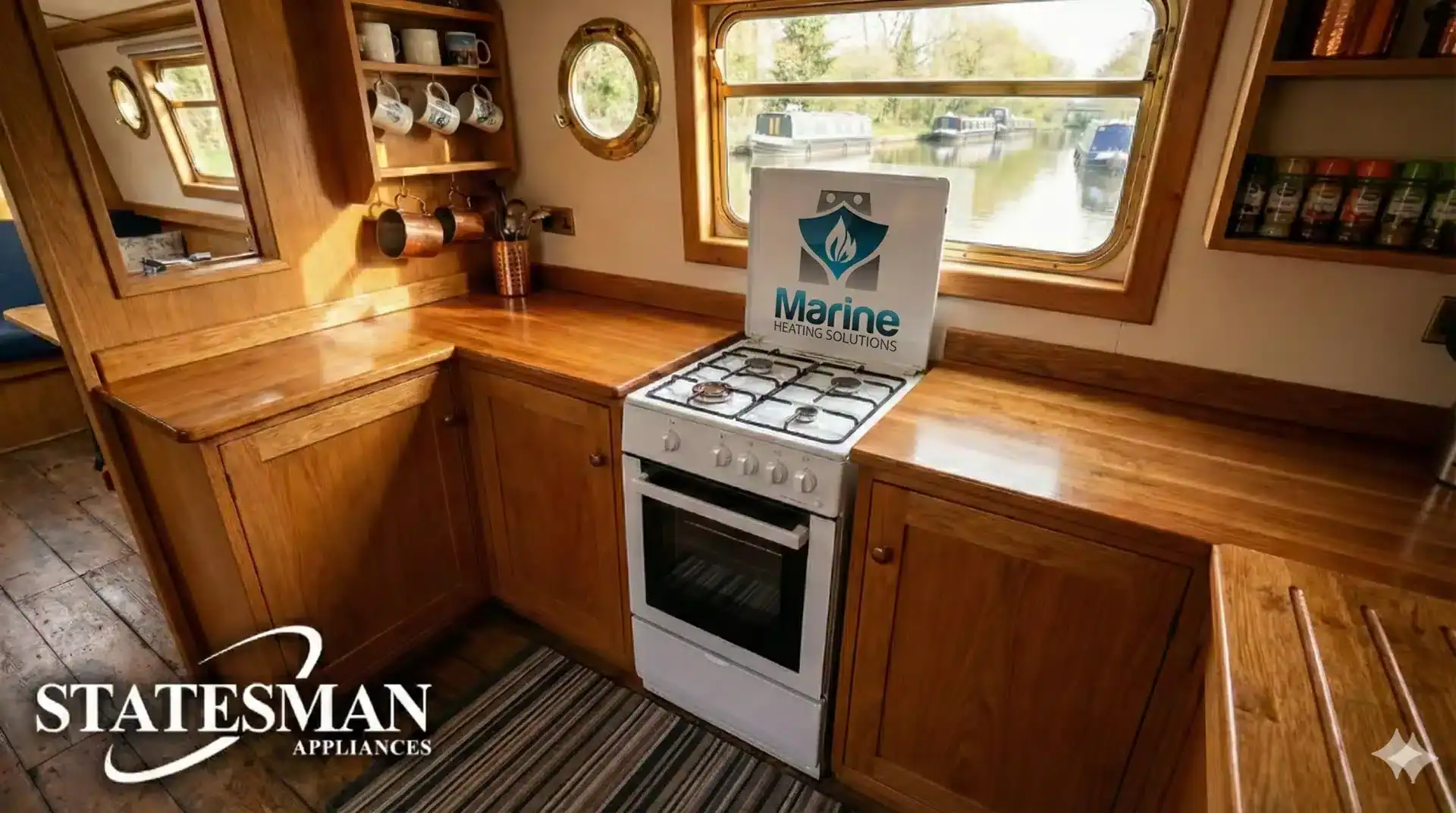 A white Statesman gas cooker with the Marine Heating Solutions logo centered on its raised lid, situated in a warm wood-paneled canal boat galley.