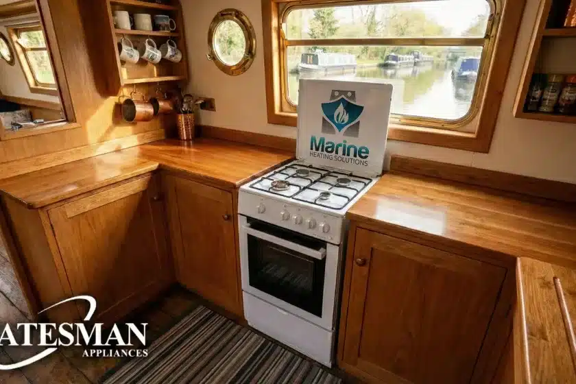 A white Statesman gas cooker with the Marine Heating Solutions logo centered on its raised lid, situated in a warm wood-paneled canal boat galley.