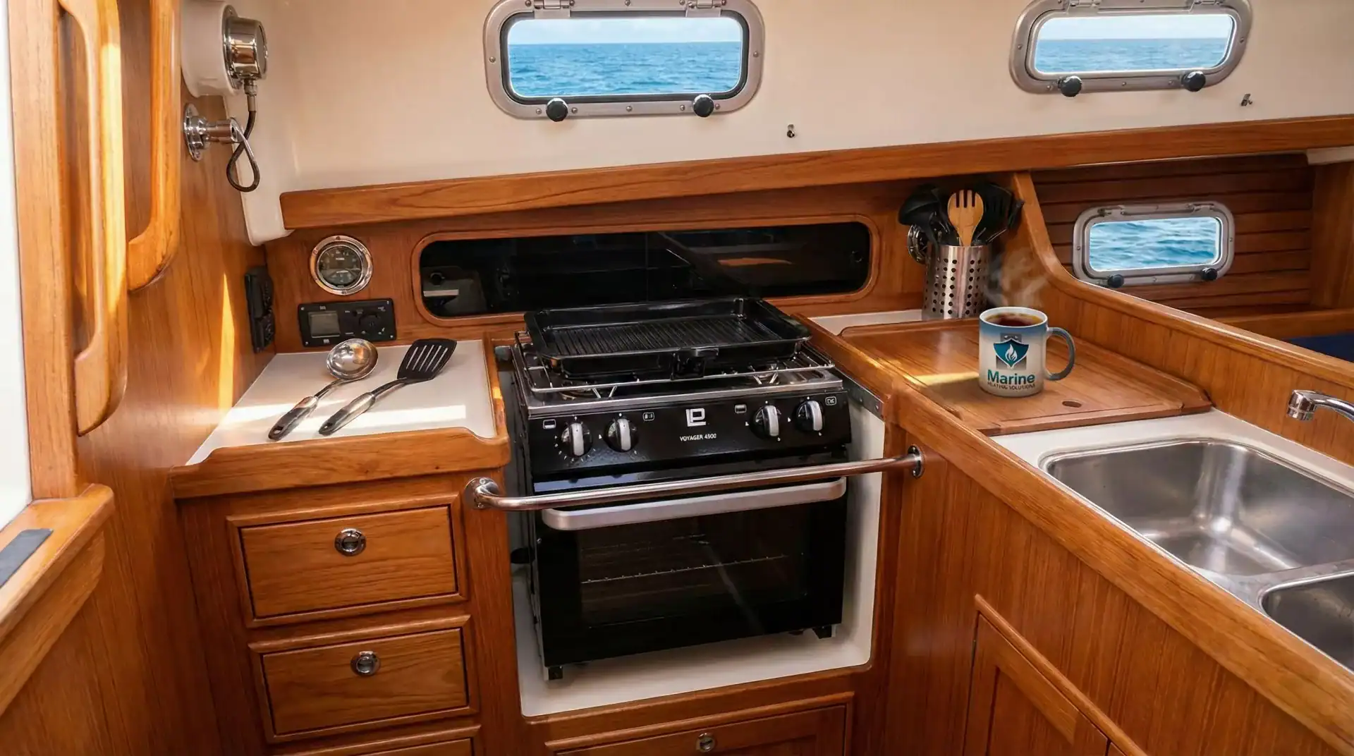 Voyager 4500 Black LPG marine cooker installed in a classic wooden sailboat galley with a Marine Heating Solutions branded mug