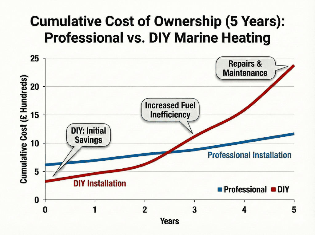 A line graph comparing the 5-year cumulative cost of professional vs. DIY marine heating installation. The professional line shows a higher starting cost but remains stable, while the DIY line starts lower but rises sharply after year 2 due to repairs, maintenance, and fuel inefficiency.