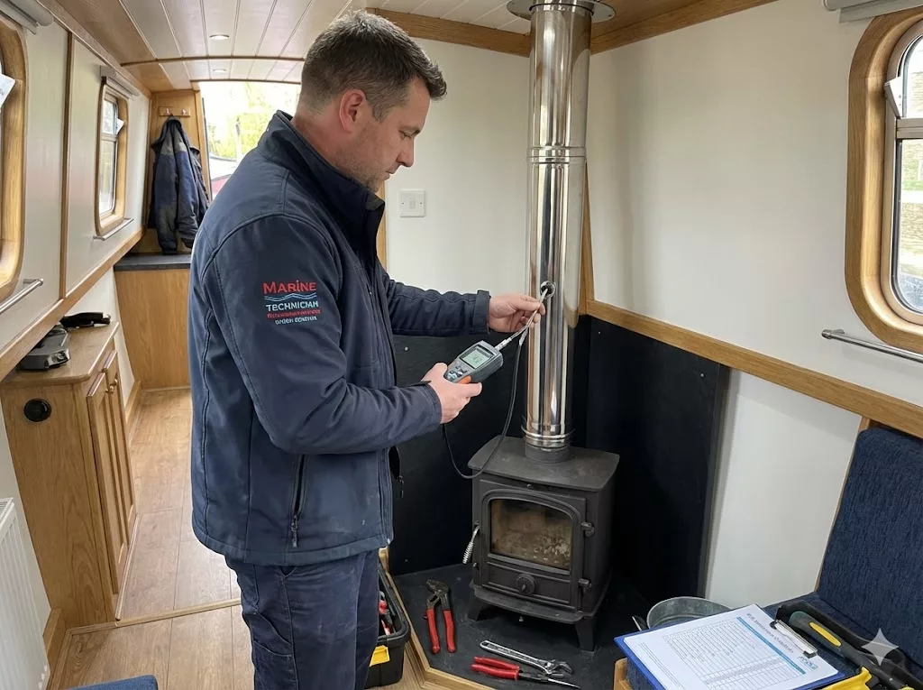A professional marine technician installing a stainless steel twin-wall insulated flue system on a narrowboat and using a digital draught gauge for calibration.