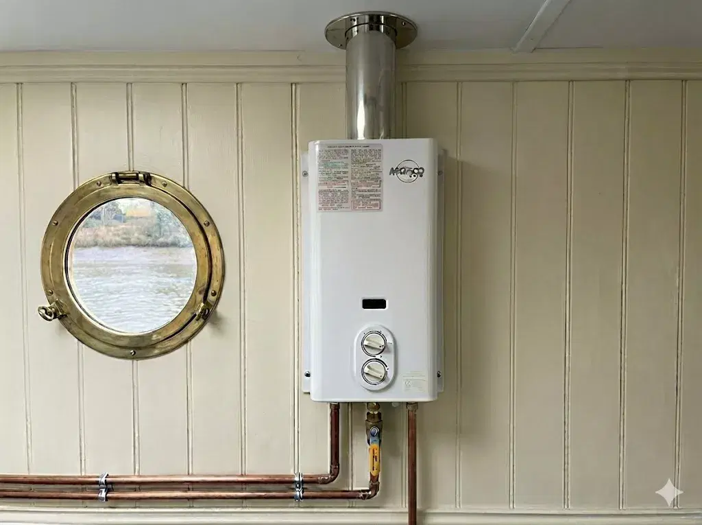 A technical close-up of a Morco D61B LPG water heater installation on a boat, featuring professional copper pipework, a white vertical flue, and a GasSafe-compliant isolation valve next to a porthole window.