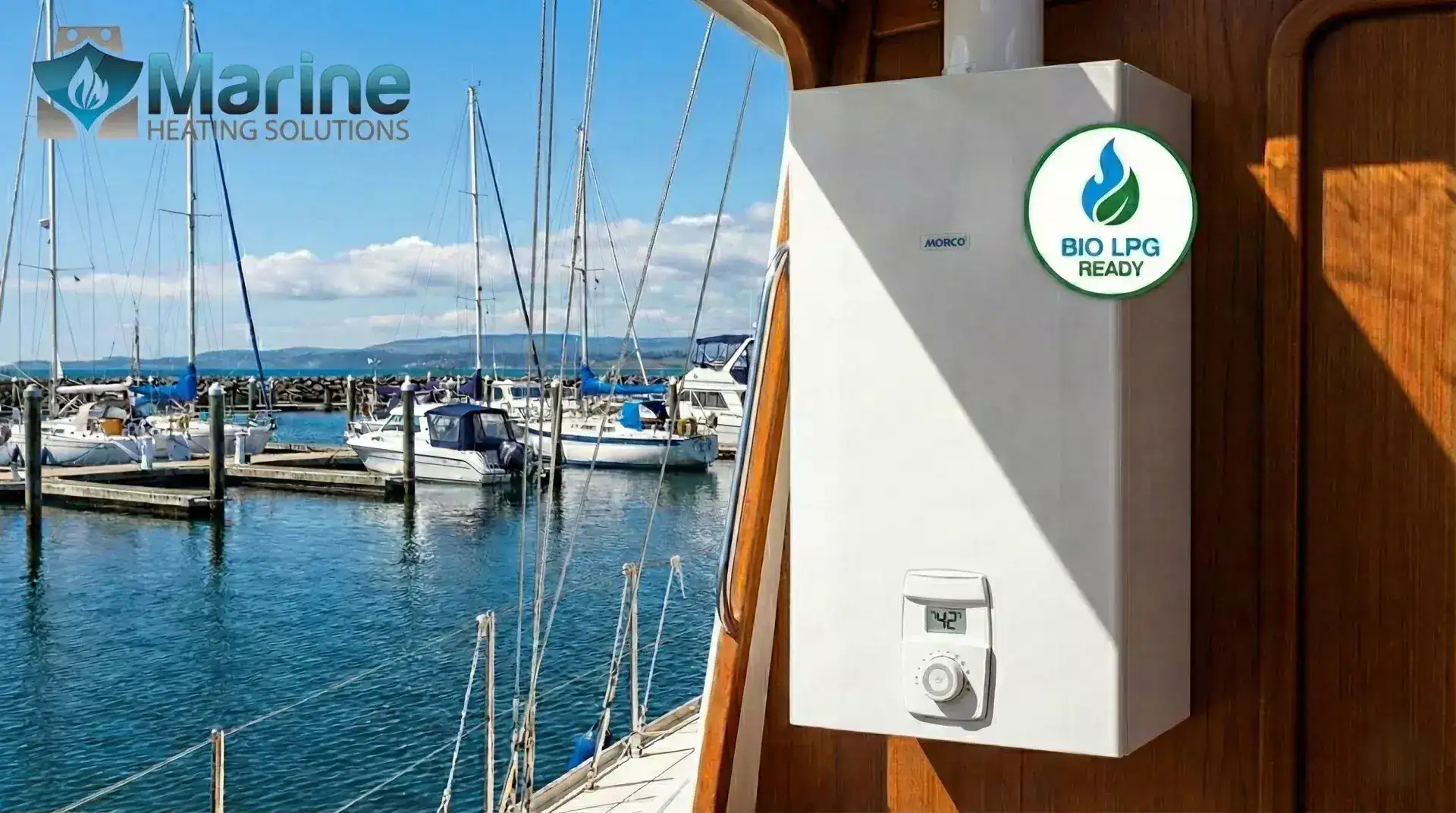 Morco EUP11RS Bio LPG ready instantaneous gas water heater installed in a boat cabin with a marina background.