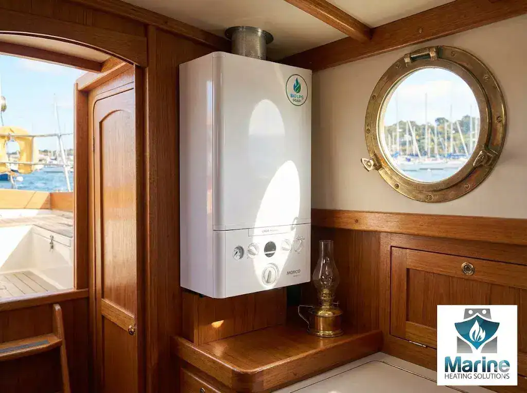 A Morco GB24 Series III LPG marine boiler with a "Bio LPG Ready" sticker mounted on a wooden bulkhead inside a yacht cabin