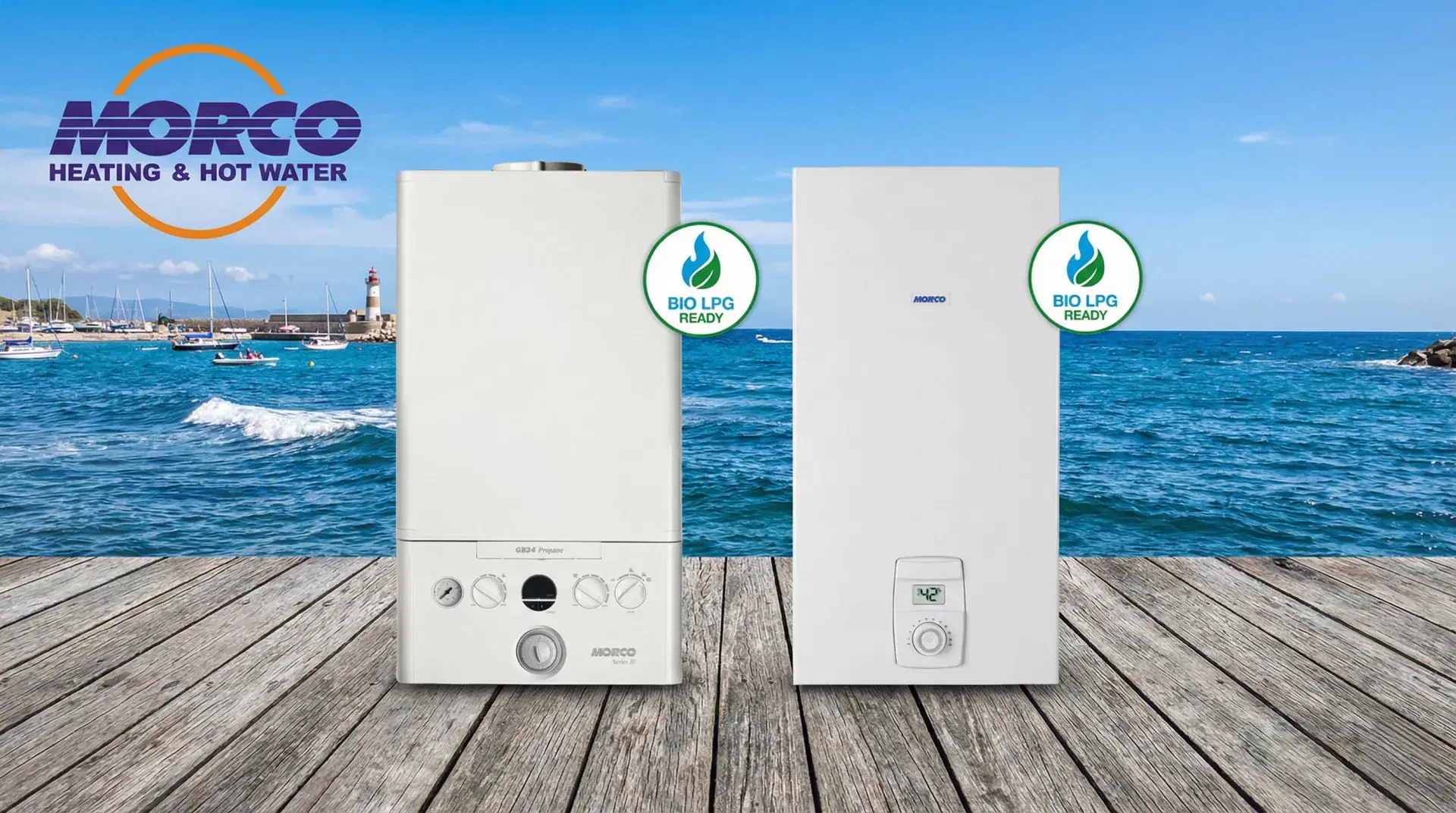 Morco GB24 Propane Combi Boiler and LPG Water Heater displayed against a coastal marine background with the Morco Heating and Hot Water logo.