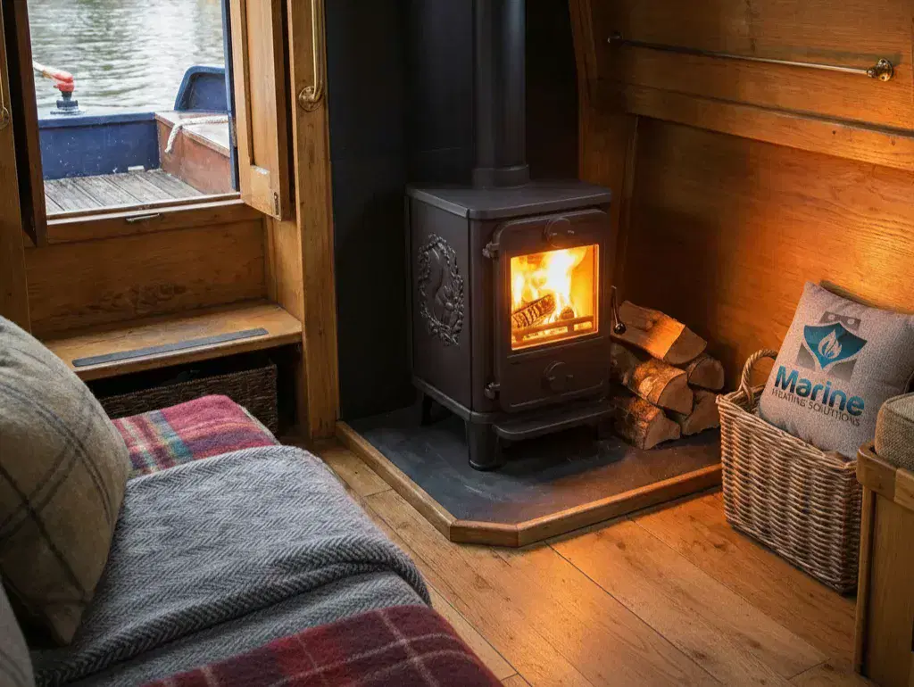 A Morso Squirrel 1010 wood stove lit inside a narrowboat, featuring a Marine Heating Solutions branded cushion in a wicker basket.