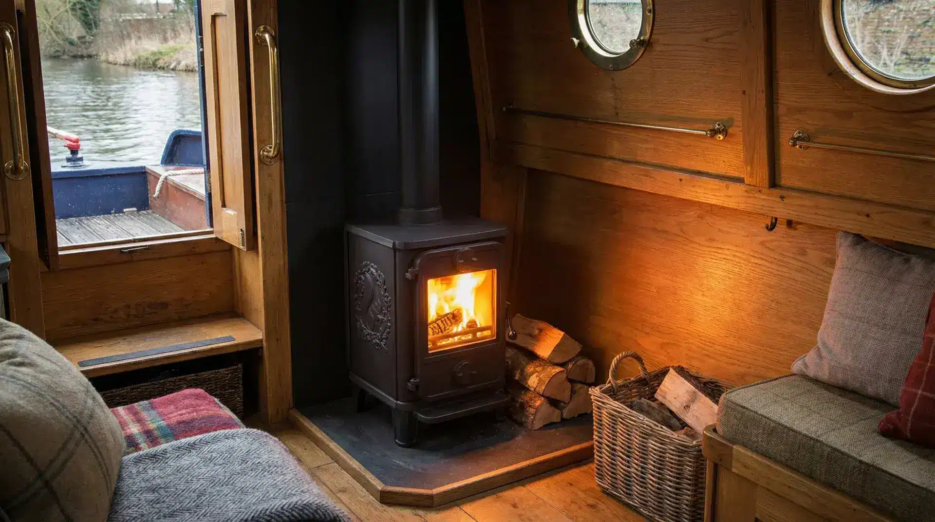 A Morso Squirrel 1010 wood-burning stove lit inside a cozy wood-paneled narrowboat cabin with a view of the canal through an open door.