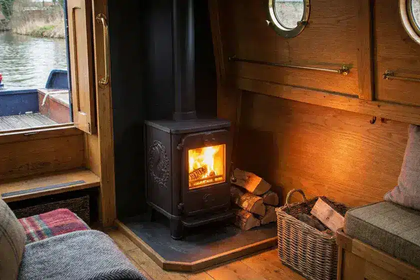 A Morso Squirrel 1010 wood-burning stove lit inside a cozy wood-paneled narrowboat cabin with a view of the canal through an open door.