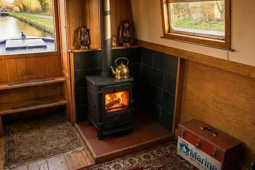 A Morso Squirrel 1412 multi-fuel stove installed in a narrowboat cabin, featuring a black tiled hearth and a brass kettle on top, with a view of a canal through the window.