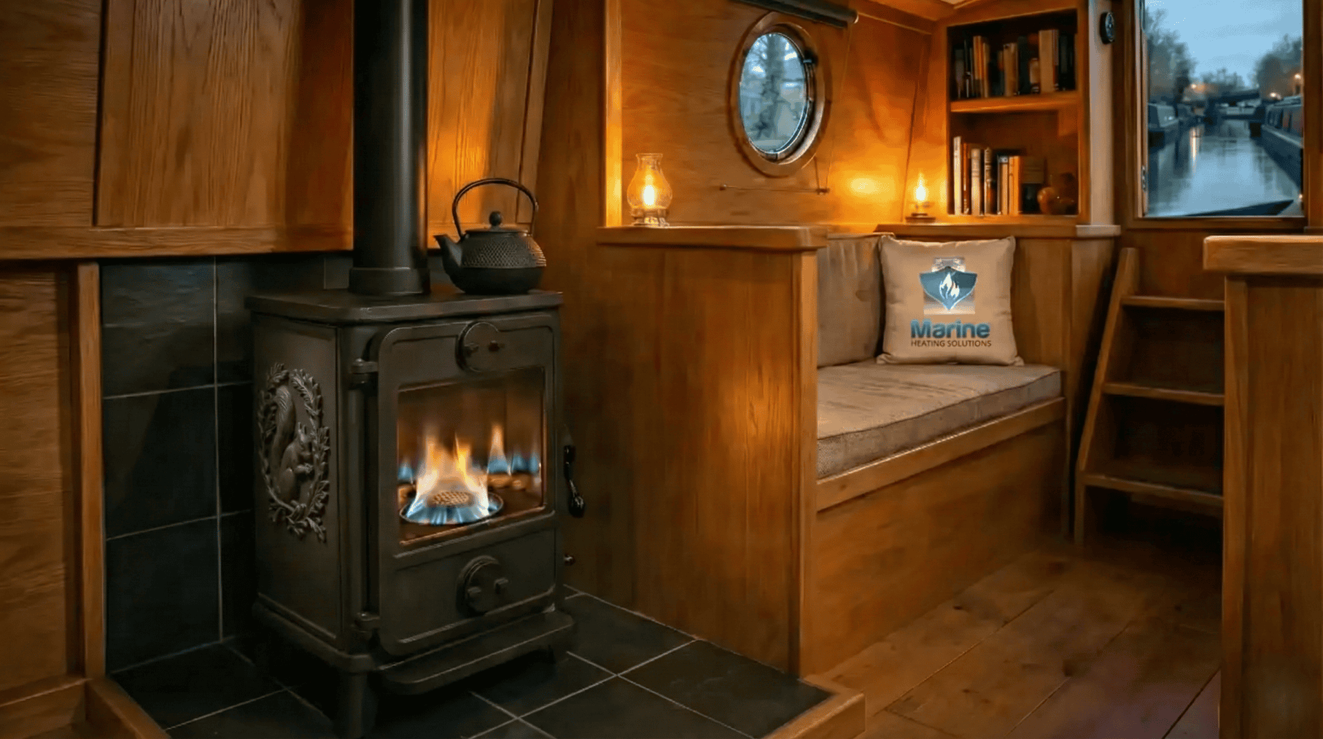 A Morso Squirrel diesel boat stove with a warm blue flame installed in a cozy wood-panelled narrowboat cabin, featuring a black tea kettle on top.
