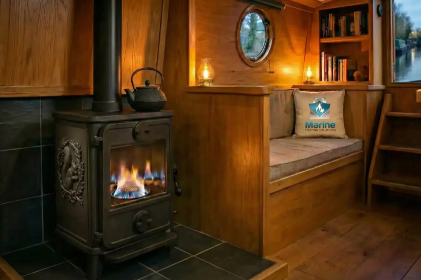 A Morso Squirrel diesel boat stove with a warm blue flame installed in a cozy wood-panelled narrowboat cabin, featuring a black tea kettle on top.