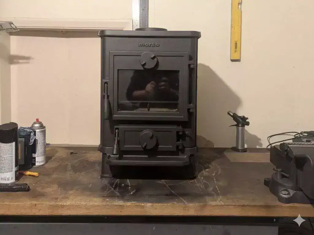 Text: A reconditioned Morso Squirrel cast iron multi-fuel stove with a professional satin black finish, sitting on a workshop bench ready for narrowboat installation.