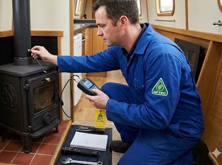 An OFTEC certified technician in blue overalls performing a flue draught test on a Morso Squirrel stove using a digital manometer inside a narrowboat.