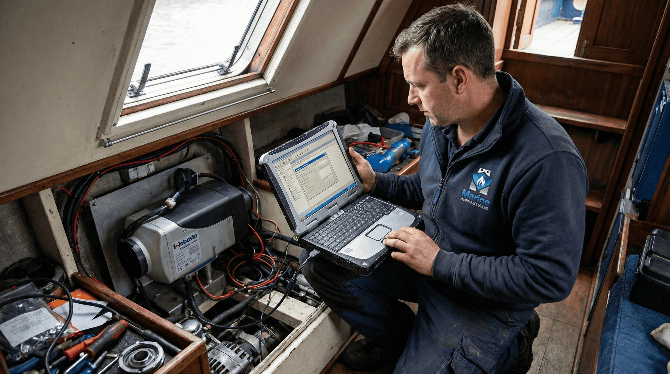 Professional marine engineer using a diagnostic laptop to inspect a diesel air heater installation on a narrowboat for safety and efficiency.