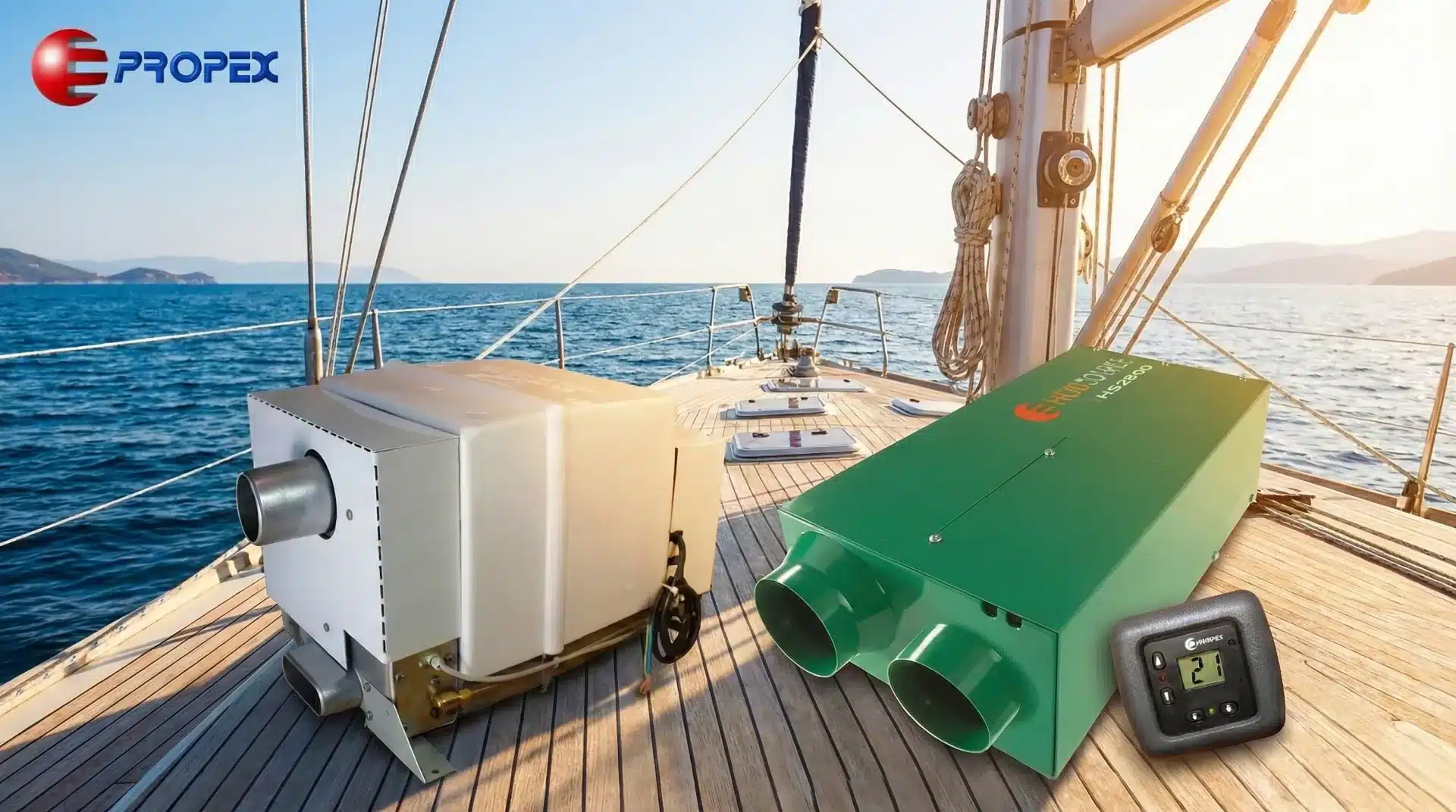 Propex Heatsource HS2800 air heater and Malaga 5E water heater with digital thermostat on a sailboat deck.
