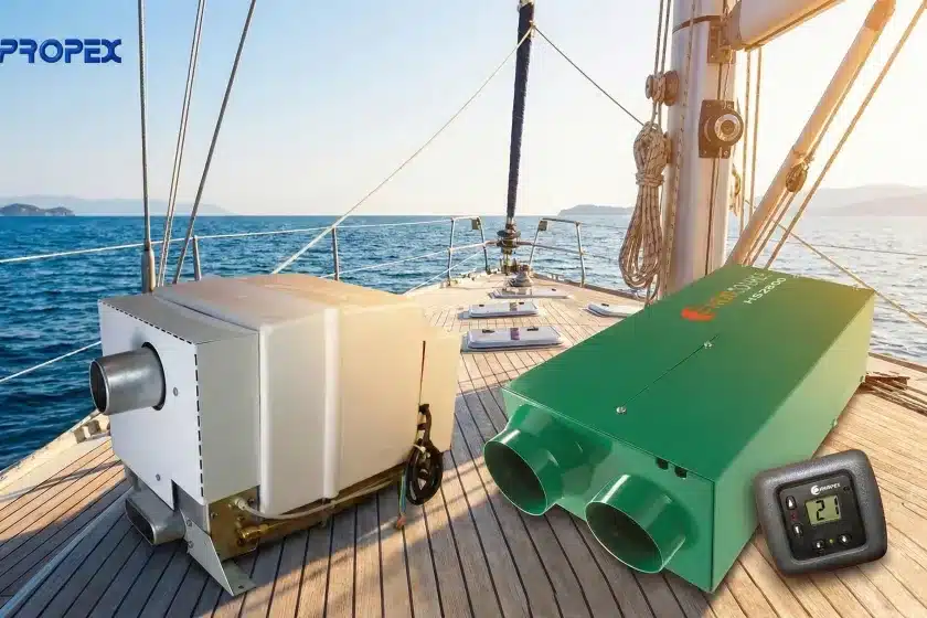 Propex Heatsource HS2800 air heater and Malaga 5E water heater with digital thermostat on a sailboat deck.